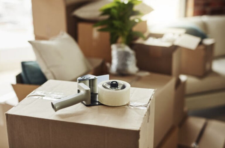 Professionelles Verpacken und Zukleben der Umzugskartons für den Transport nach Deutschland